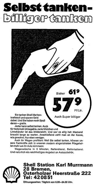 Aus heutiger Sicht fantastische Benzinpreise: zeitgenössische Werbung in der Zeitung. Quelle: Archiv des Weser-Kuriers
