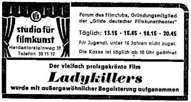 Ein verheißungsvoller Anfang: Mit den „Ladykillers“ begann die erste Spielzeit. Hier die Kinoanzeige für das „studio für filmkunst“ am 30. April 1957 im Weser-Kurierm Quelle: Archiv des Weser-Kuriers