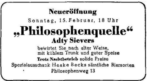 Anzeige zur Eröffnung der Philosophenquelle im Februar 1953.  Quelle: Archiv des Weser-Kuriers