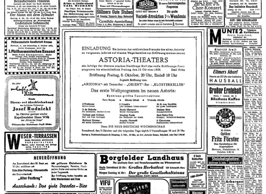 Einladung an die alten Freunde: Mit dieser großfoprmatigen Anzeige lud Emil Fritz zur Neueröffnung des „Astoria“ ein. Quelle: Archiv des Weser-Kuriers