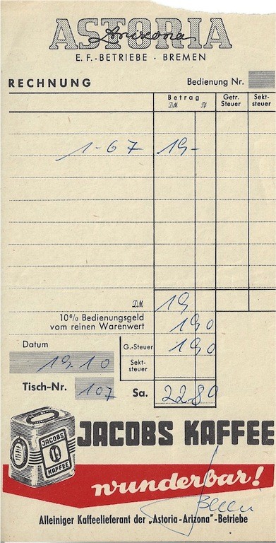 Als endlich wieder das Geld in der Kasse klingelte: „Astoria“-Rechnung, vermutlich vom Oktober 1958. Quelle: Privat