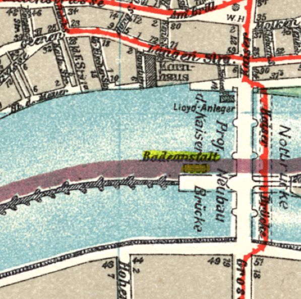 Stadtplan Bremen 1915: Während der Bauzeit für die neue Kaiserbrücke wird der Verkehr über eine Notbrücke geleitet. Die Badeanstalt ist mit gelb markiert.