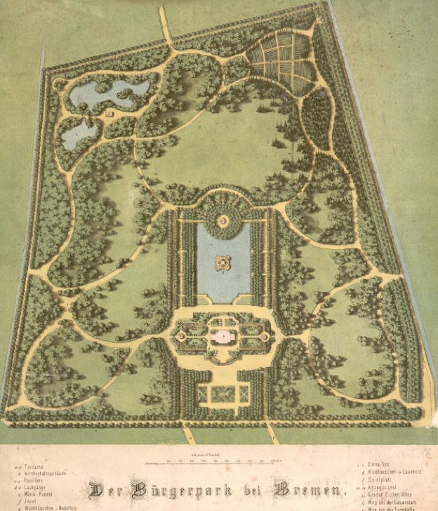 Als alles noch ein Plan war: der Bürgerpark auf dem Entwurf vom Gartenarchitekten Wilhelm Benque (1866). Oben links sind der große und kleine Emmasee eingezeichnet. Auf der Südseite des großen Sees ist bereits eine Gaststätte vorgeshen. Quelle: Staatsarchiv Bremen