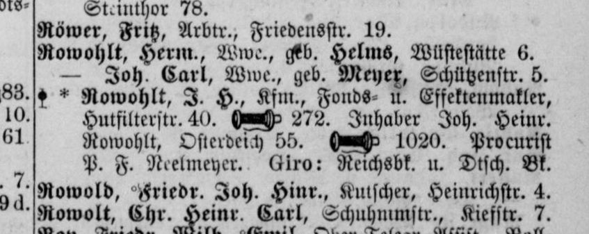 Mit Telefonanschluss: Eintrag der Familie Rowohlt im Bremer Adressbuch von 1900. Quelle: Bremer Adressbuch