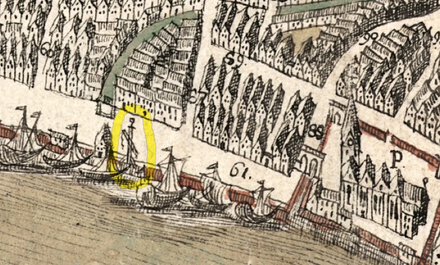 Eine wertvolle Hilfe zum Entladen der Schiffe: die Gelbe Wuppe. Quelle: Stadtplan Bremen, Johann Daniel Heinbach, 1757