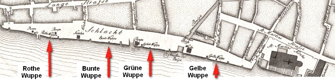 Vier bunte Wuppen an der Schlachte: Die Gelbe Wuppe war für die Oberländer Schiffe reserviert. Quelle: Stadtplan Bremen 1796