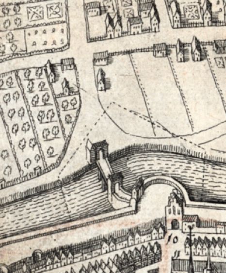 Ein paar Häuser und sonst nur Gemüsebeete auf weiter Flur: Auf dieser Vogelschaukarte, die nach 1640 erschienen ist, ist unter 10 das Herdentor zu sehen. Quelle: Peter Strotmann