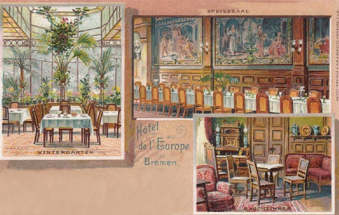 Noblesse pur: Wintergarten, Speisesaal und Rauchzimmer auf einer Ansichtskarte von 1906. Quelle: Peter Strotmann 