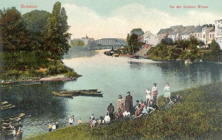 Sommeridylle anno 1912: eine Familie an der Kleinen Weser-Piepe. Bildvorlage: Peter Strotmann