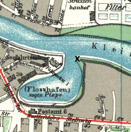 Die sogenannte Piepe (Flosshafen = Hafen für Flöße), Teil des ehemaligen Stadtgrabens, auf einem Stadtplan von 1913. Bildvorlage: Peter Strotmann