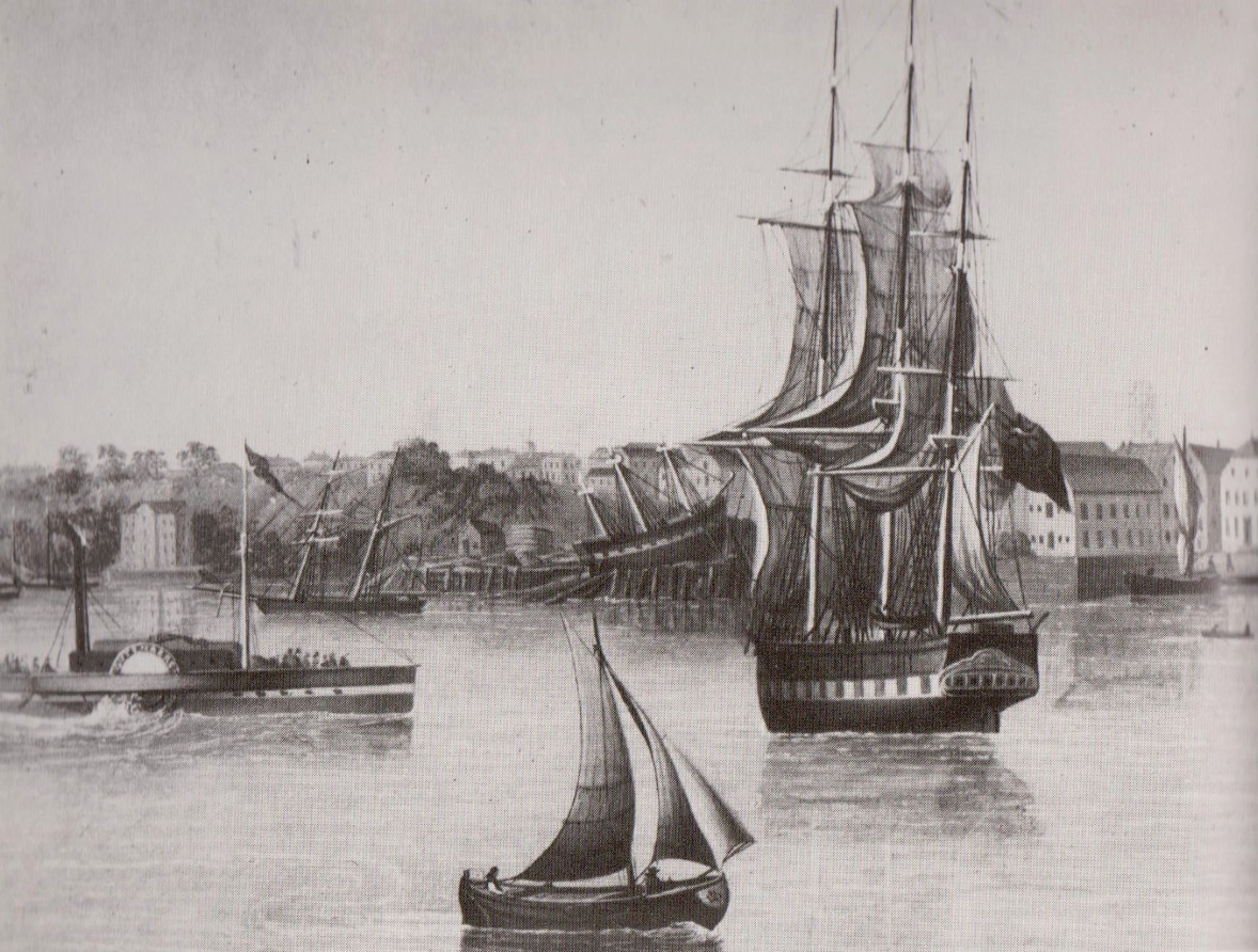 Ein traditioneller Werftstandort: Auf dem Längshelgen der Jantzen-Sagerschen-Werft wird ein Dreimaster gebaut. Gemälde von H. Fedeler, 1847 Quelle: Wikicommons