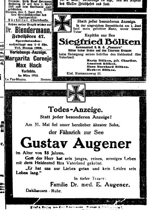 „Heldentod fürs Vaterland“: die ersten Todesanzeigen in der Weser-Zeitung vom 7. Juni 1916. Quelle: Staats- und Universitätsbibliothek Bremen