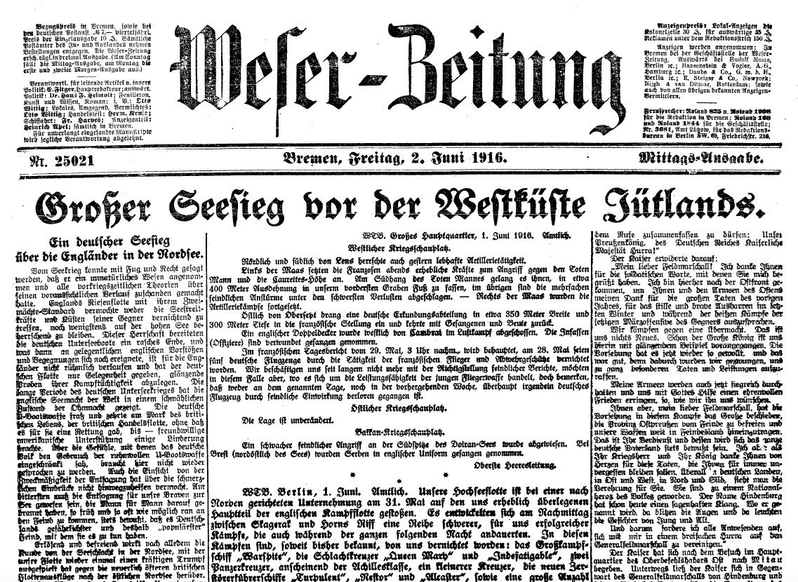 Sieg auf ganzer Linie: Schlagzeile der Weser-Zeitung vom 2. Juni 1916. Quelle: Staats- und Universitätsbibliothek Bremen