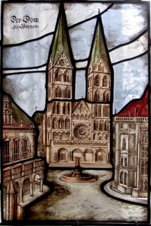 Mit dem Wilhadi-Brunnen vor dem Eingangsportal: der Dom im Bremen-Fenster Nr. 1. Foto: Peter Strohmann.