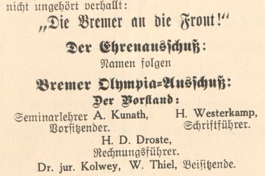 Fast makabres Schlusswort: „Bremer an die Front“ im Olympia-Aufruf vom Frühjahr 1914. Quelle: Staatsarchiv Bremen