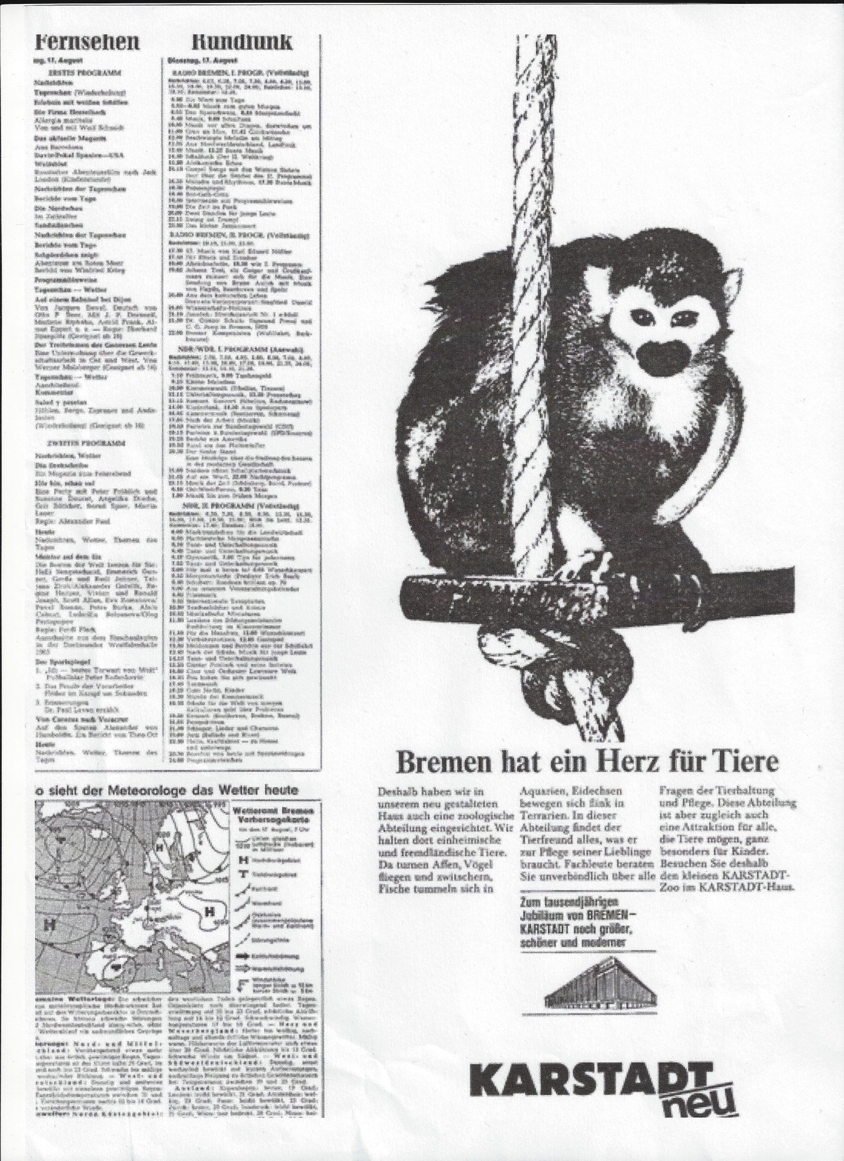 Affen als Werbeträger: Karstadt-Anzeige zur 1000-Jahr-Feier der Stadt Bremen im August 1965. Quelle: Archiv des Weser-Kuriers
