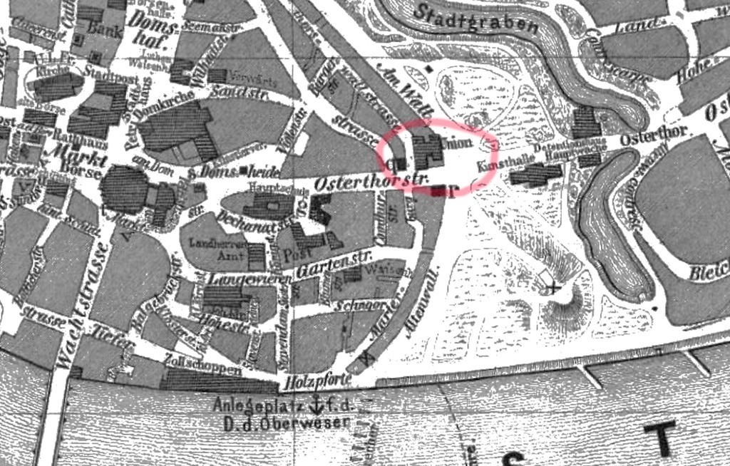 Ein beachtlicher Komplex: Auf einem Stadtplan von 1865 ist das ganze Ausmaß des Gebäude-Ensembles erkennbar. Quelle: Wikicommons 