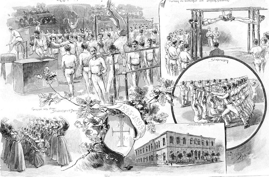 Anfänge als Wehrsport: das Turnwesen, hier auf einer Postkarte um 1895. Quelle: Wikicommons