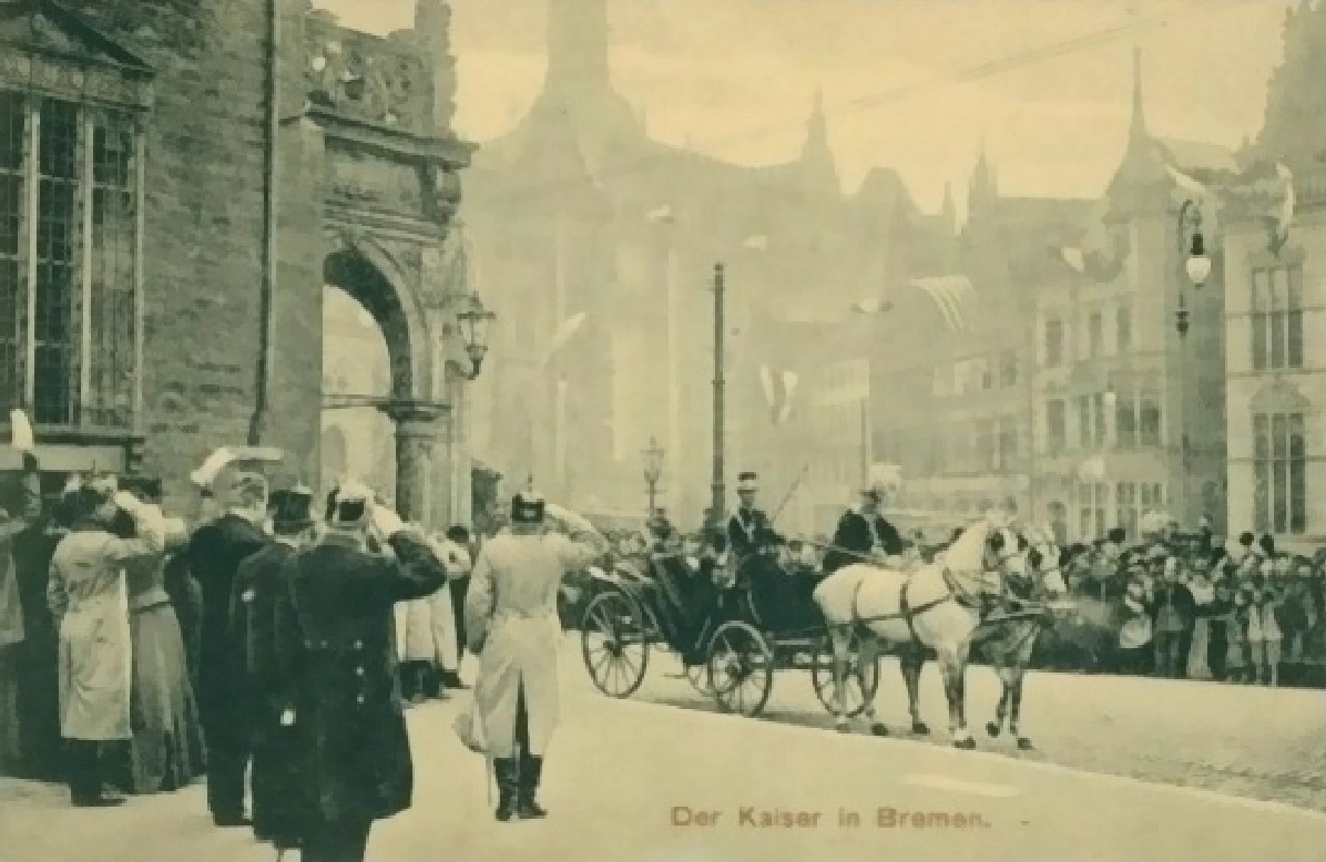 Kaiser Wilhelm II. bei der Abfahrt mit der Kutsche vom Rathaus zum Bahnhof. Quelle: Staatsarchiv Bremen 