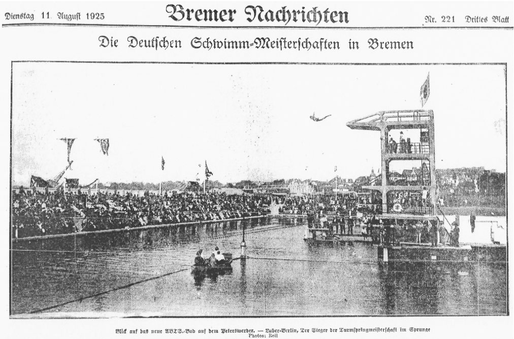 Mächtig was los: Bericht zu den Deutschen Schwimmmeisterschaften von 1925 in den Bremer Nachrichten. 