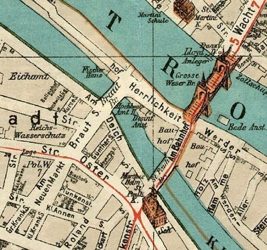 Zwei Übergänge über die Kleine Weser: die Brückensituation auf einem Stadtplan von 1926. Quelle: Privat
