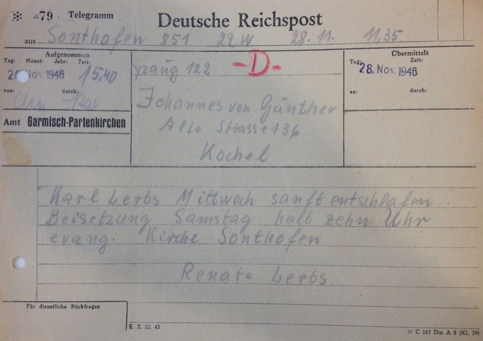 Die Todesnachricht: Im Telegramm hieß es, Karl Lerbs sei sanft entschlafen. Quelle: Staats- und Universitätsbibliothek Bremen 