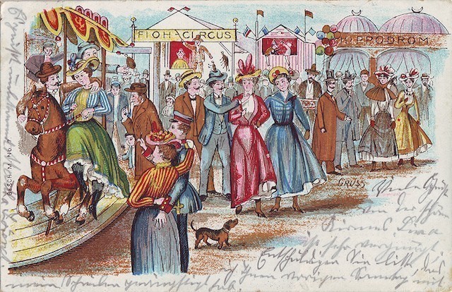 historische Postkarte des Bremer Freimarktes zeigt Flohzirkus und Fahrgeschäfte