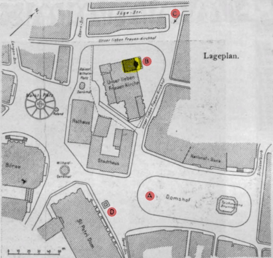 Lageplan der Bremer Innenstadt mit Standortmarkierungen der Denkmäler