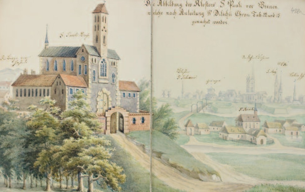 historische colorierte Zeichnung des Bremer Paulsklosters